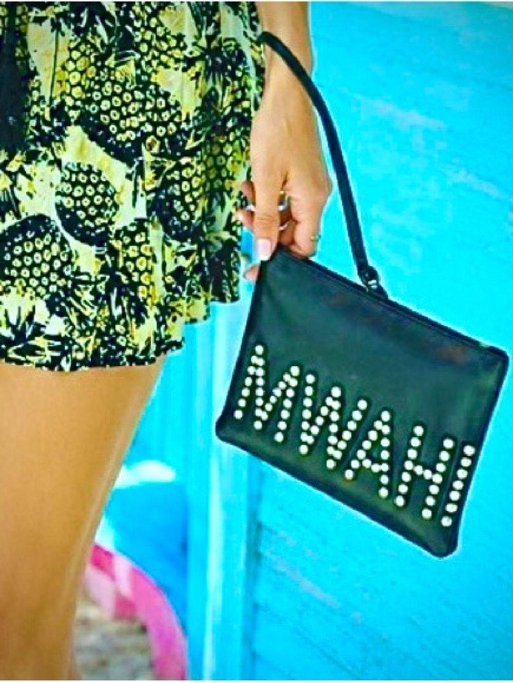 New REBECCA MINKOFF Pearl 'MWAH!' Teal Blue Leather Clutch Wristlet Bag